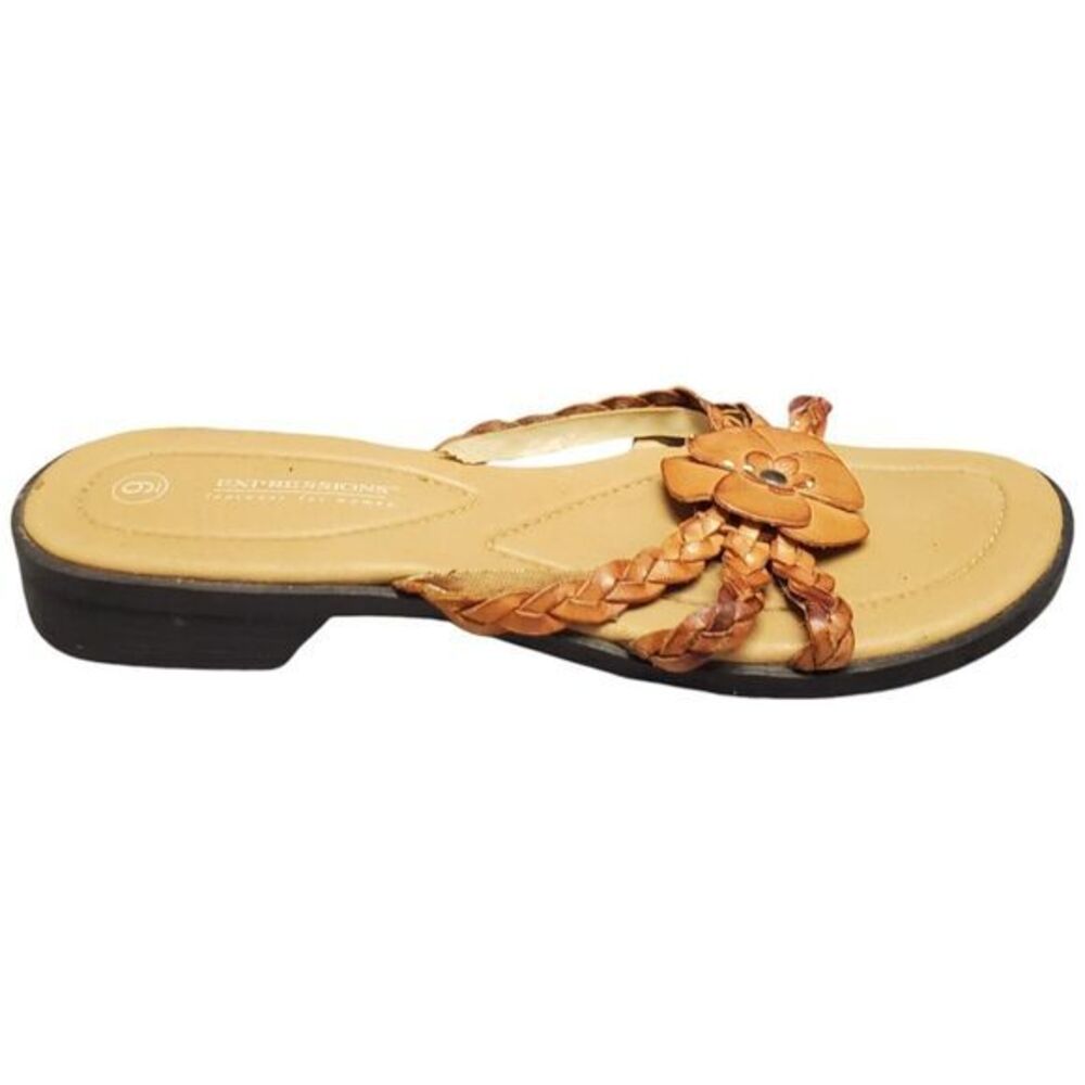 Expressions Slip On Sandals Women Sz 9 Brown Braided Floral Leather 616690471213